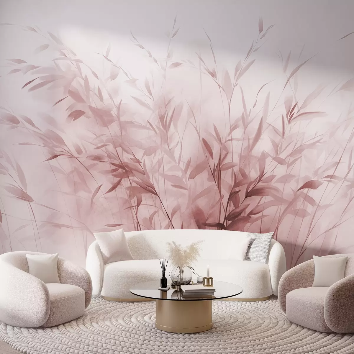 Fototapet Tráva a plevel s tenkými listy a stonky, světle růžové barvy, měkké a jemné tahy štětcem, minimalistický tisk w09342v2