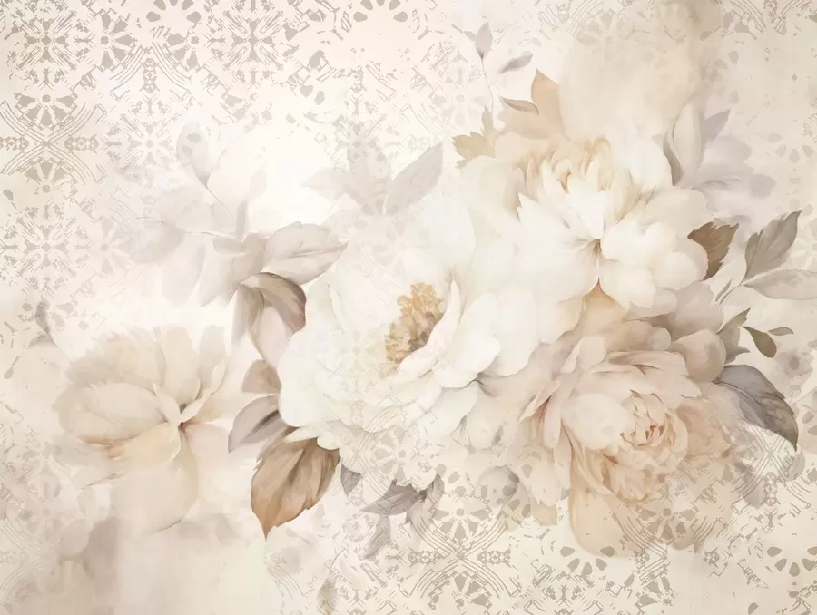 Fototapet Květinové aranžmá z bílých pivoněk s béžovými listy na dekorativním pozadí s vintage texturou w09345