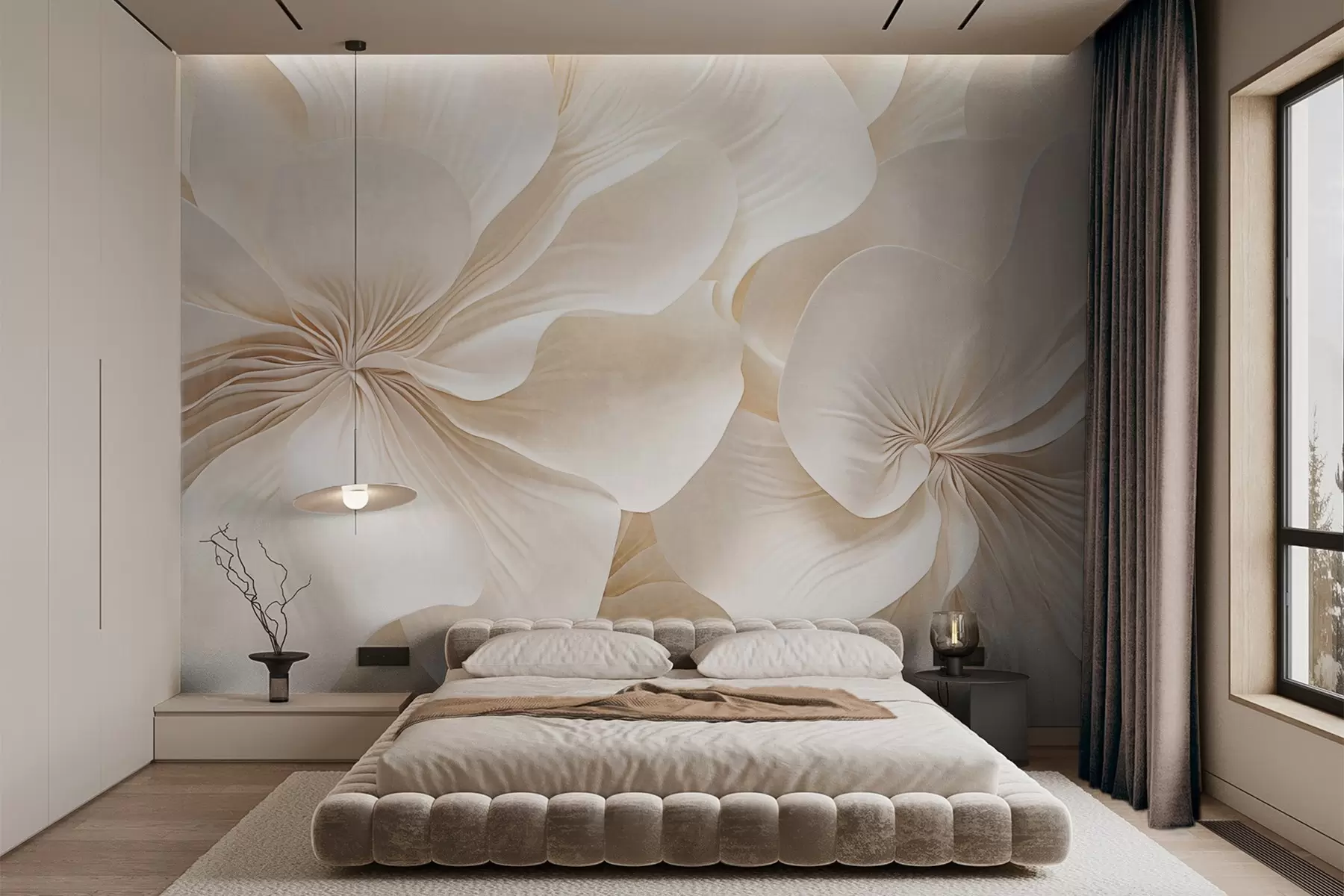 Fototapet Detailní záběr na krémově strukturované květy s jemnými, splývavými okvětními lístky, které vytvářejí jemné, elegantní a strukturované květinové aranžmá w09346