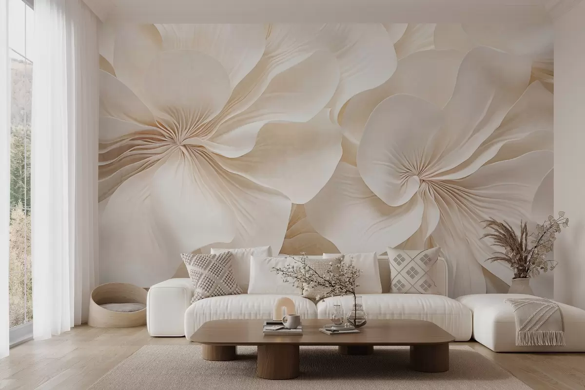 Fototapet Detailní záběr na krémově strukturované květy s jemnými, splývavými okvětními lístky, které vytvářejí jemné, elegantní a strukturované květinové aranžmá w09346