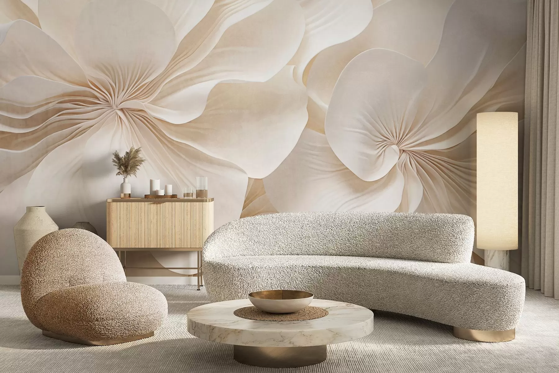 Fototapet Detailní záběr na krémově strukturované květy s jemnými, splývavými okvětními lístky, které vytvářejí jemné, elegantní a strukturované květinové aranžmá w09346