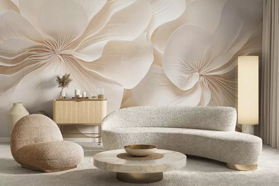 Fototapet Detailní záběr na krémově strukturované květy s jemnými, splývavými okvětními lístky, které vytvářejí jemné, elegantní a strukturované květinové aranžmá w09346