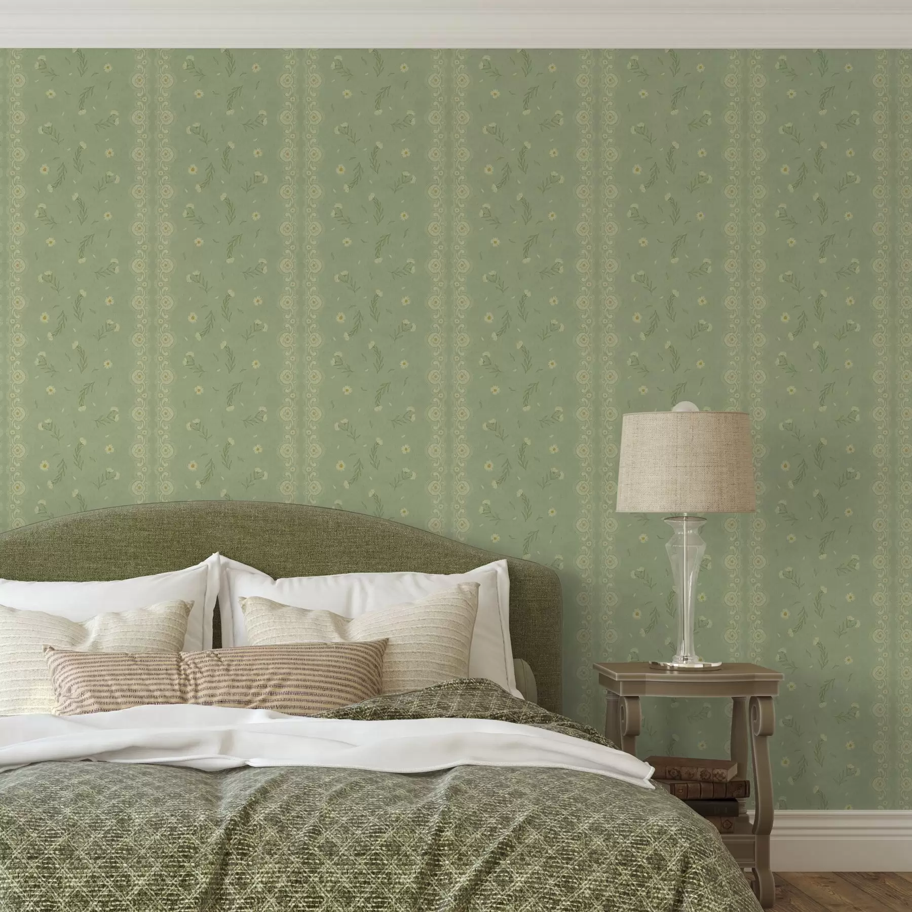 Fototapet Zelené pozadí s kopretinami a krajkovým okrajem a00291