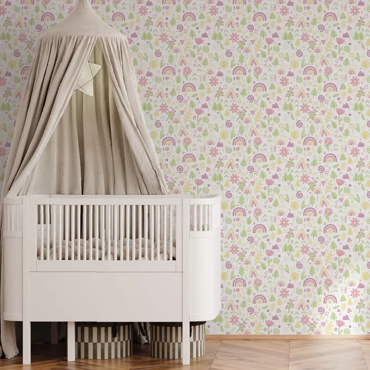 Tapety Dětská kresba s duhou, květinami a stromy a00296