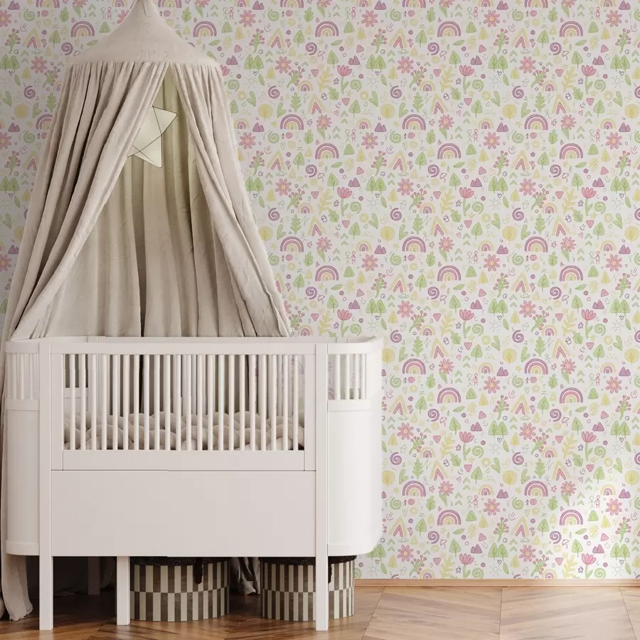 Fototapet Dětská kresba s duhou, květinami a stromy a00296