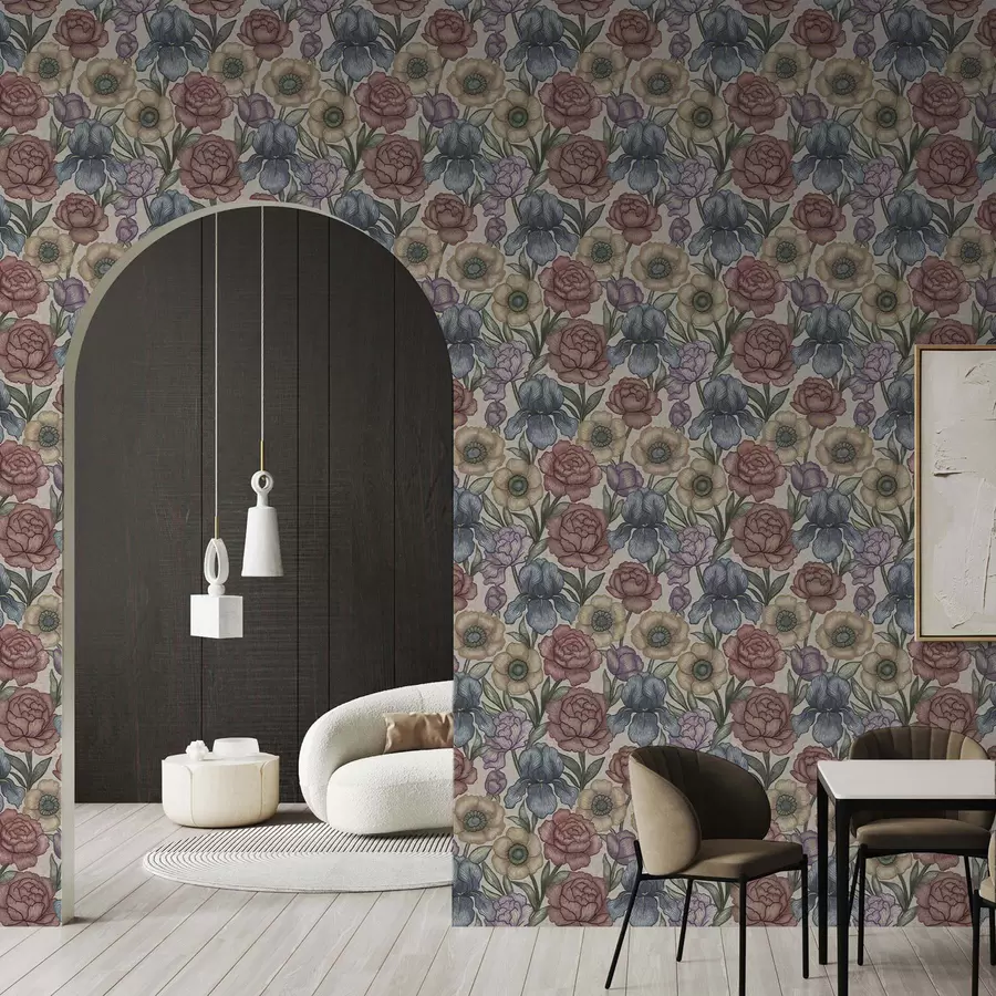 Fototapet Velké květinové ilustrace s kosatci a pivoňkami a00325