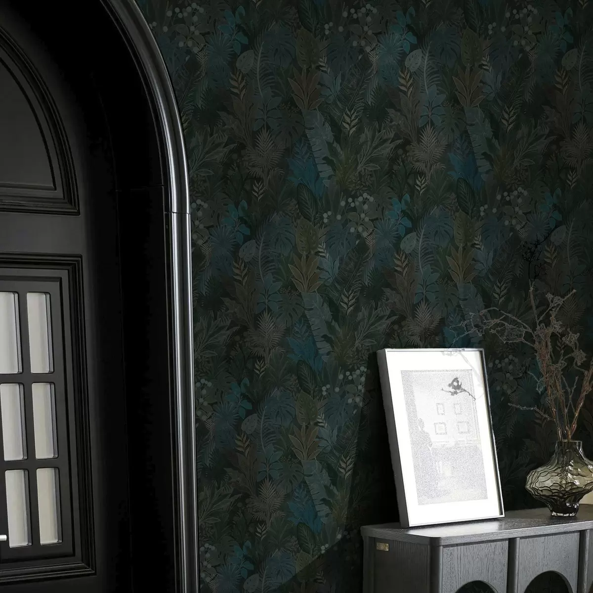 Tapety Tmavě zelené tropické listí s modrými akcenty a00327