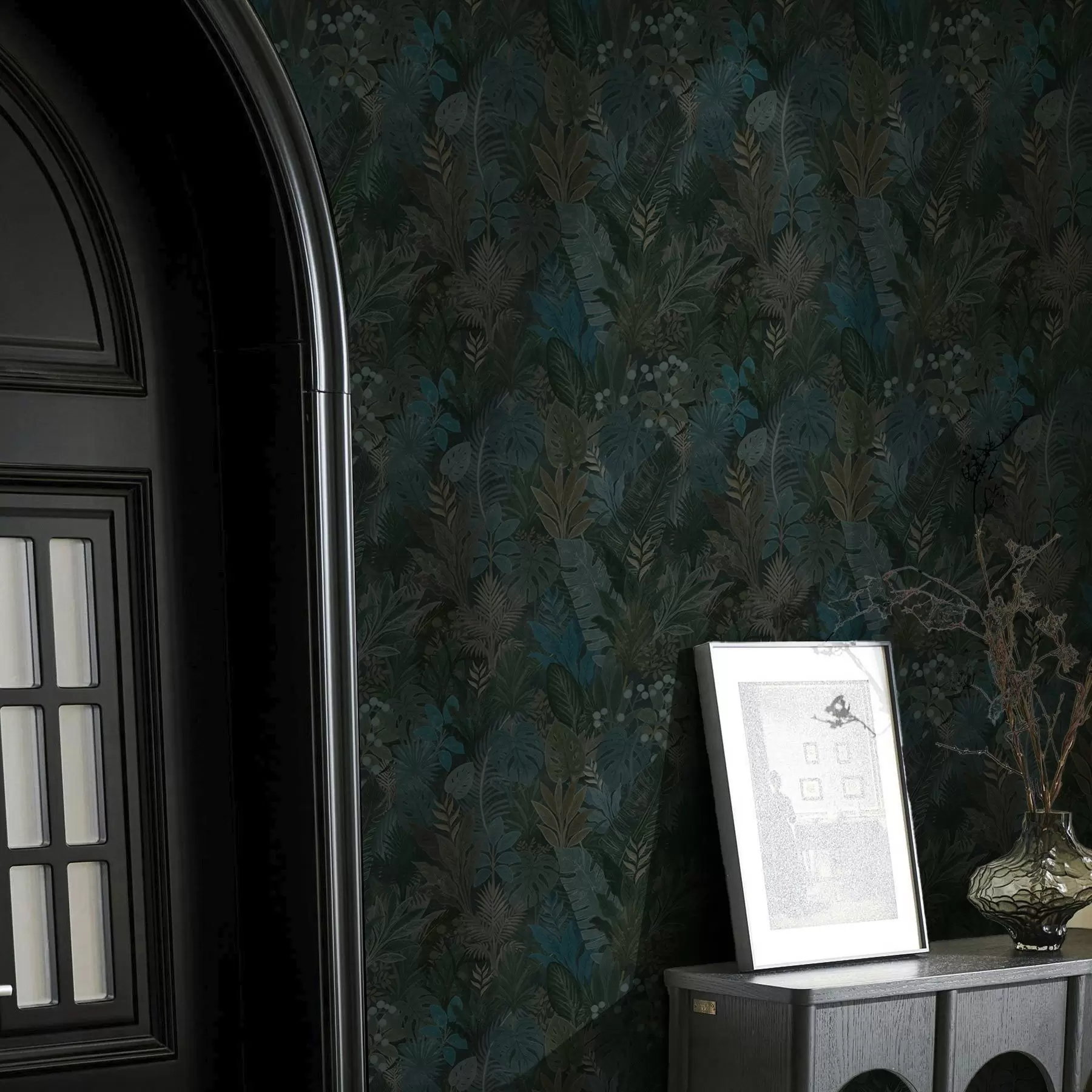 Fototapet Tmavě zelené tropické listí s modrými akcenty a00327