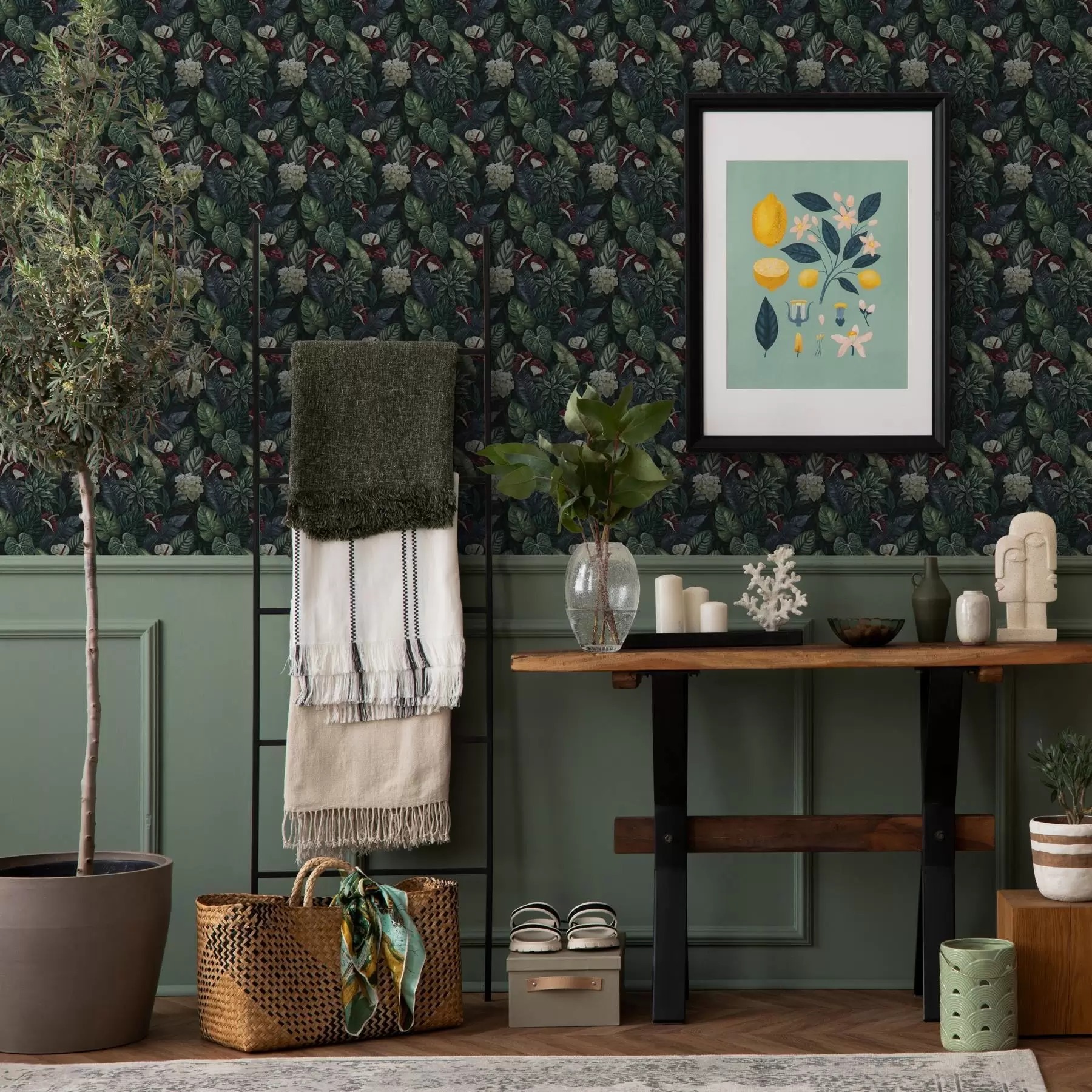 Fototapet Tropické listy s bílými a červenými květy a00361