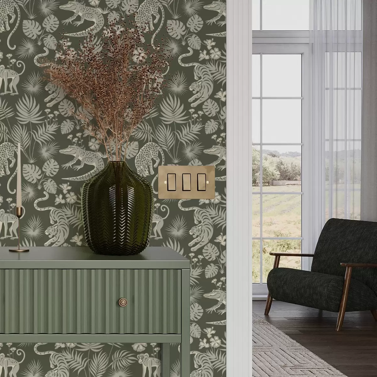 Tapety Siluety divokých zvířat mezi tropickými listy a00404