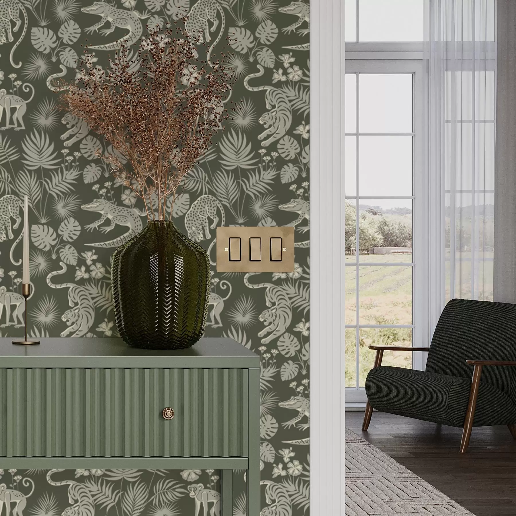 Fototapet Siluety divokých zvířat mezi tropickými listy a00404