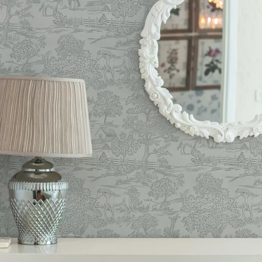 Fototapet Zelená černobílá krajina s koňmi a chalupami a00407