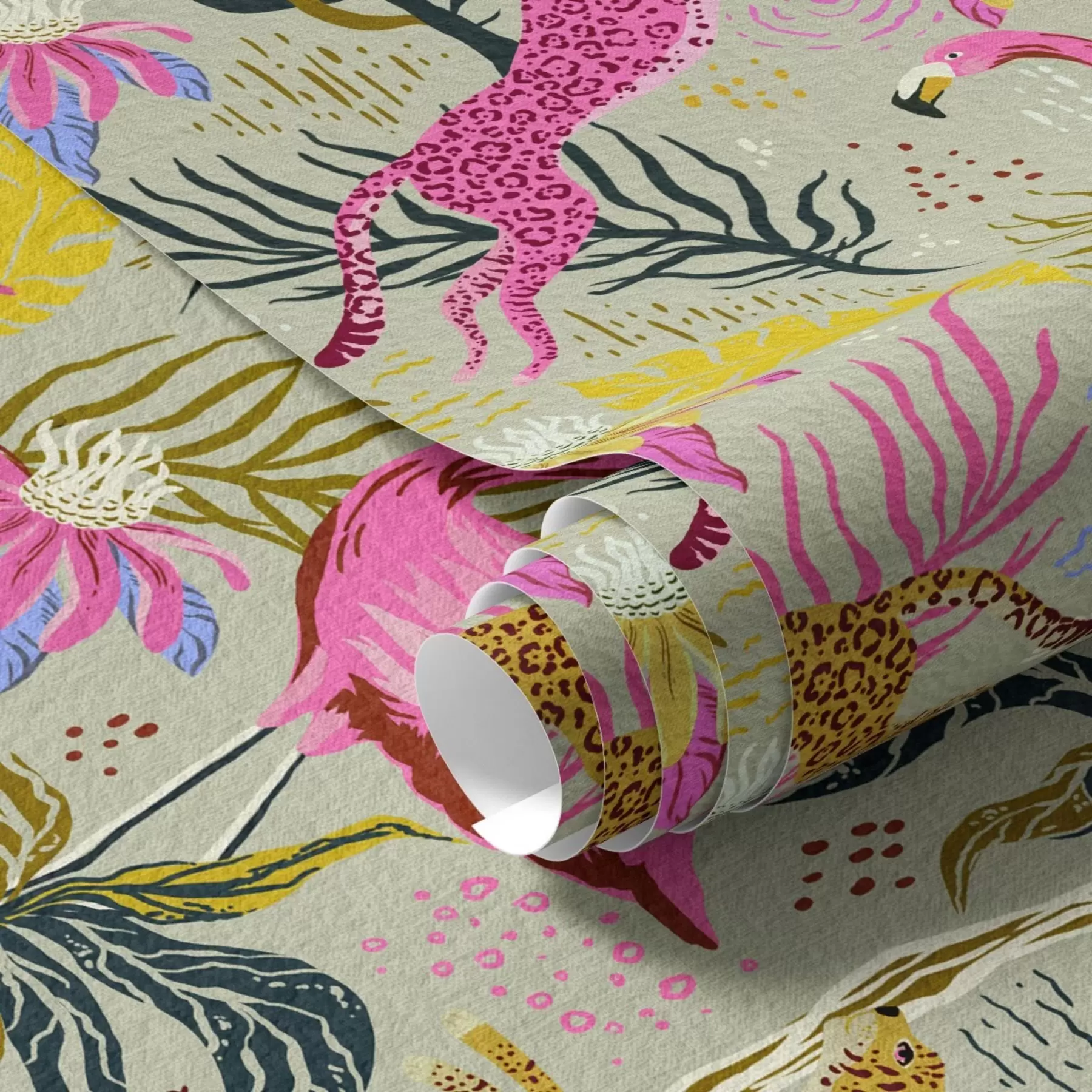 Fototapet Zářiví plameňáci a leopardi mezi tropickými rostlinami a00470