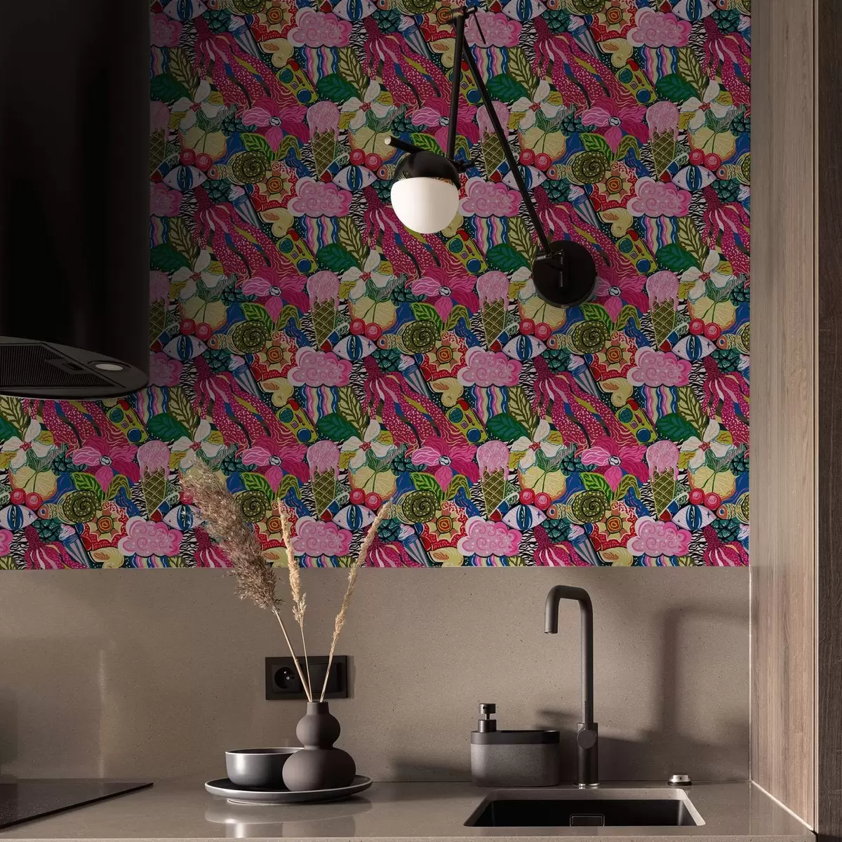 Tapety Abstraktní pop-art s květinami, bobulemi a vzory a00471