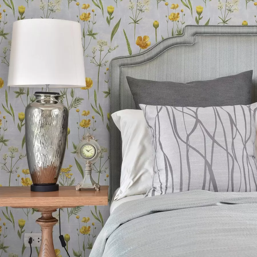 Fototapet Žluté květy a zeleň na světle šedém pozadí a00472