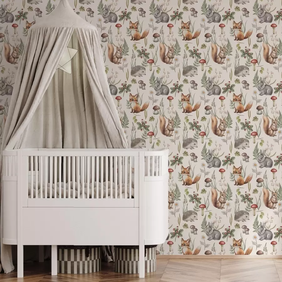 Fototapet Lesní zvířata, houby a rostliny v pohádkovém stylu a00477