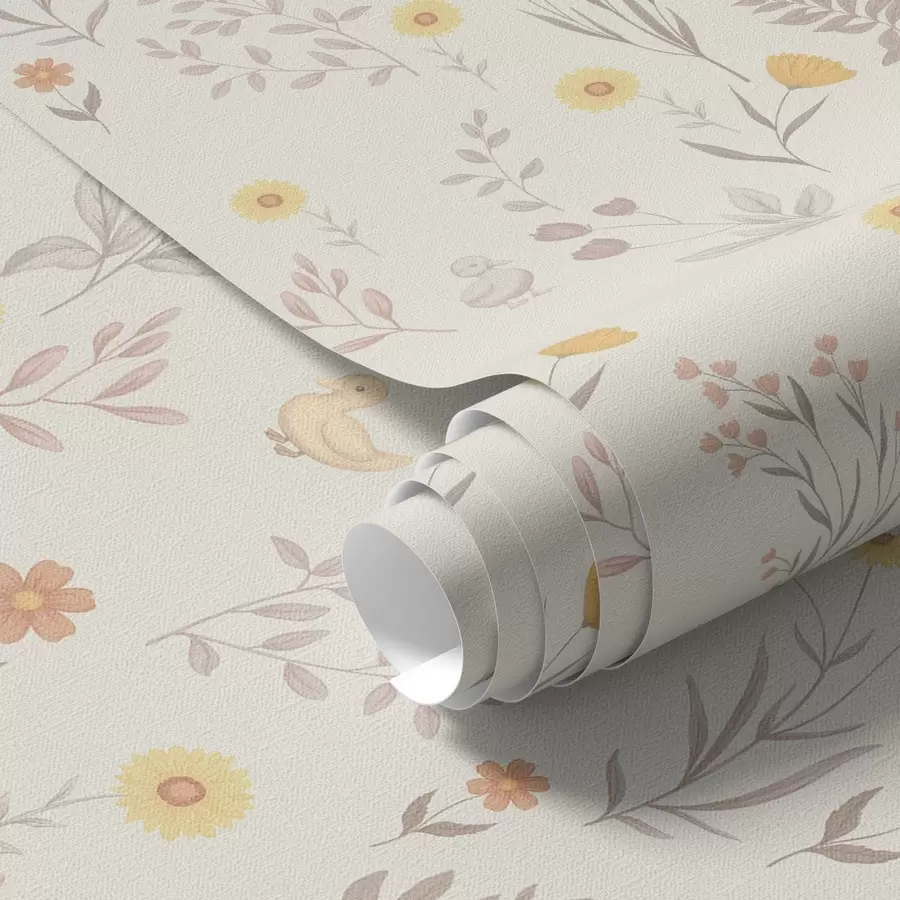 Fototapet Polní květiny a kuřata v jemných pastelových tónech a00478