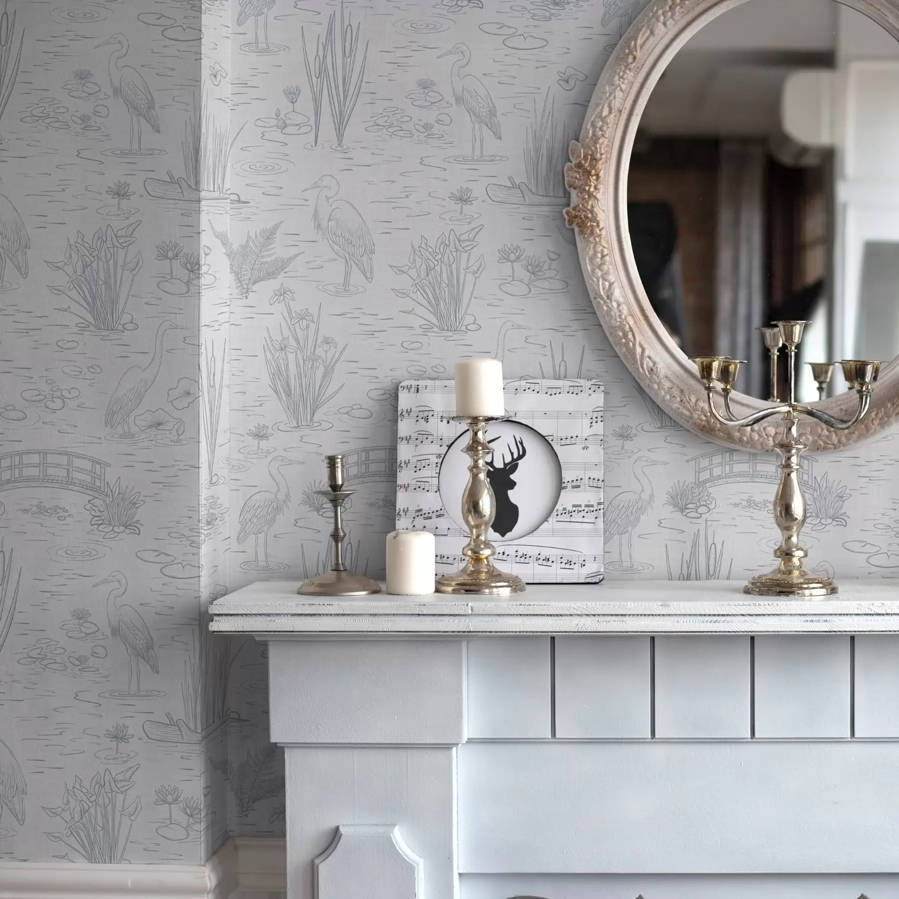 Fototapet Kresba volavek a vodních rostlin v klidných šedých odstínech a00479