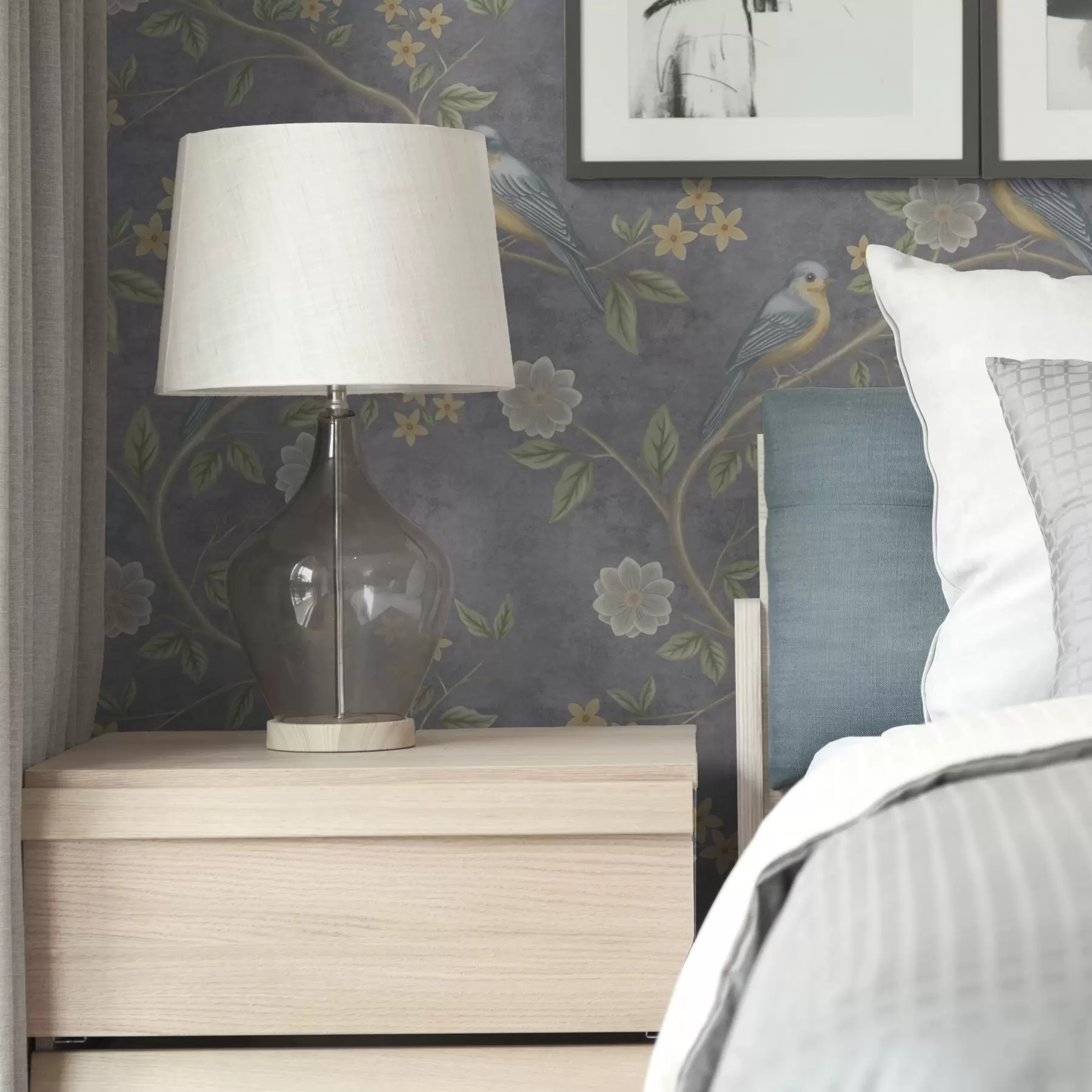 Fototapet Ptáci na větvích mezi květinami na šedém pozadí a00483