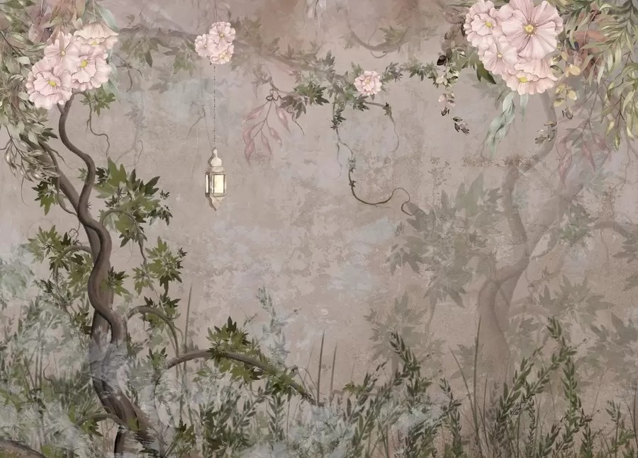 Fototapet Pohádková zahrada s květinami, stromy a lucernou w04416