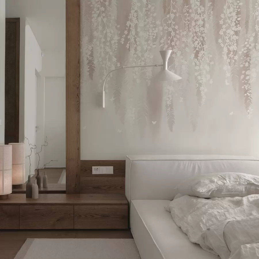 Fototapet Světlé větve s bílými květy na jemném pozadí w04417