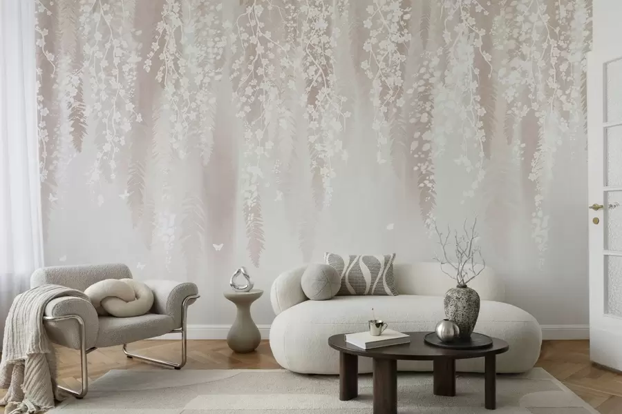 Fototapet Světlé větve s bílými květy na jemném pozadí w04417