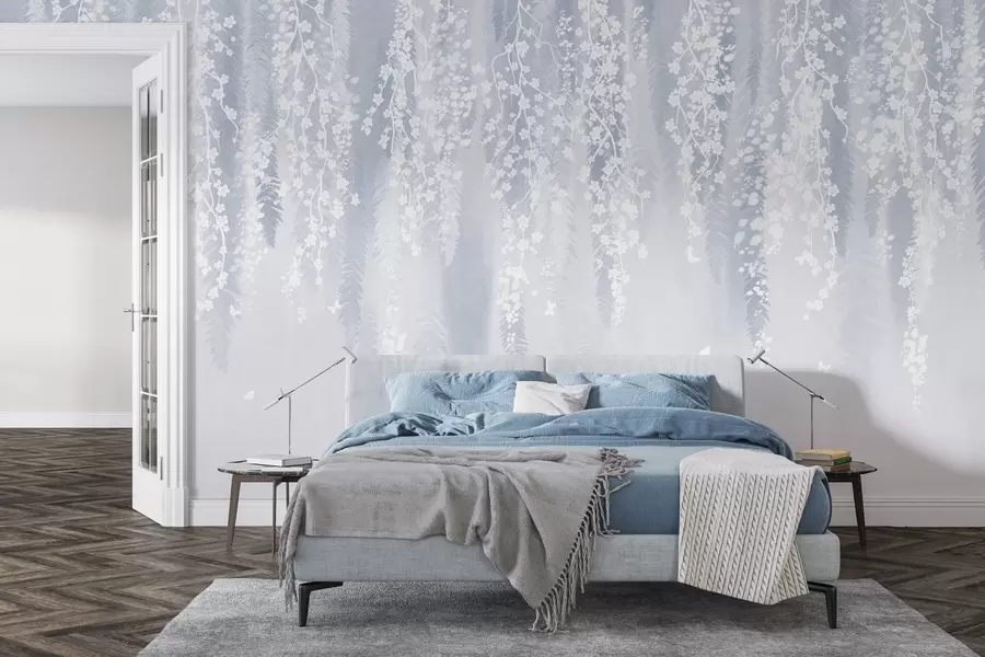 Fototapet Chladná modrá verze větví s bílými květy w04417v2