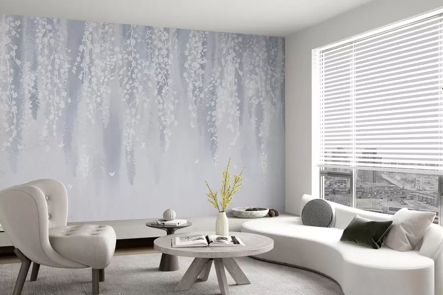 Fototapet Chladná modrá verze větví s bílými květy w04417v2