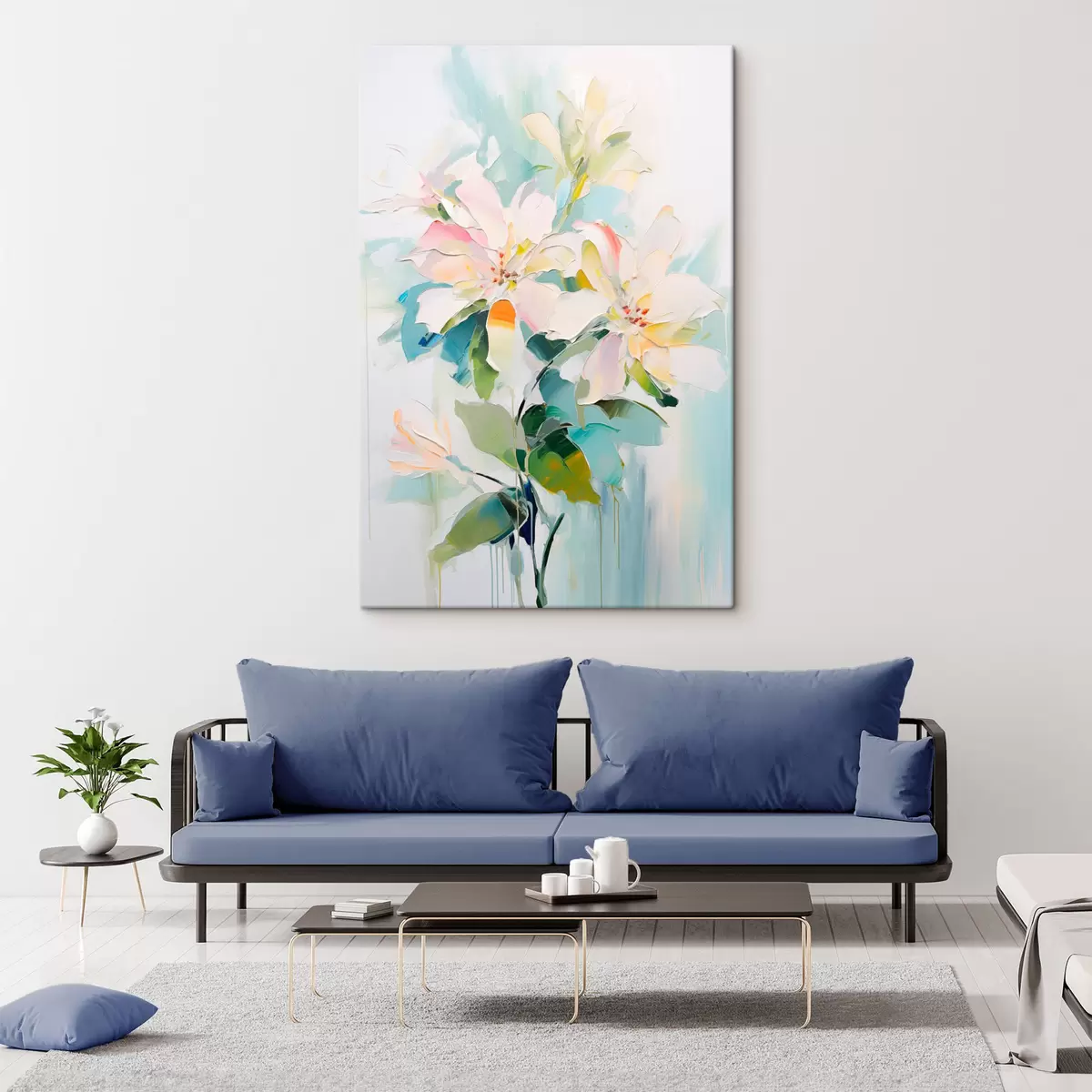 Obraz Květiny s barevnými akcenty, zelené listy, měkké tahy štětcem imitace olejomalby, světle modré pozadí Č. s45549