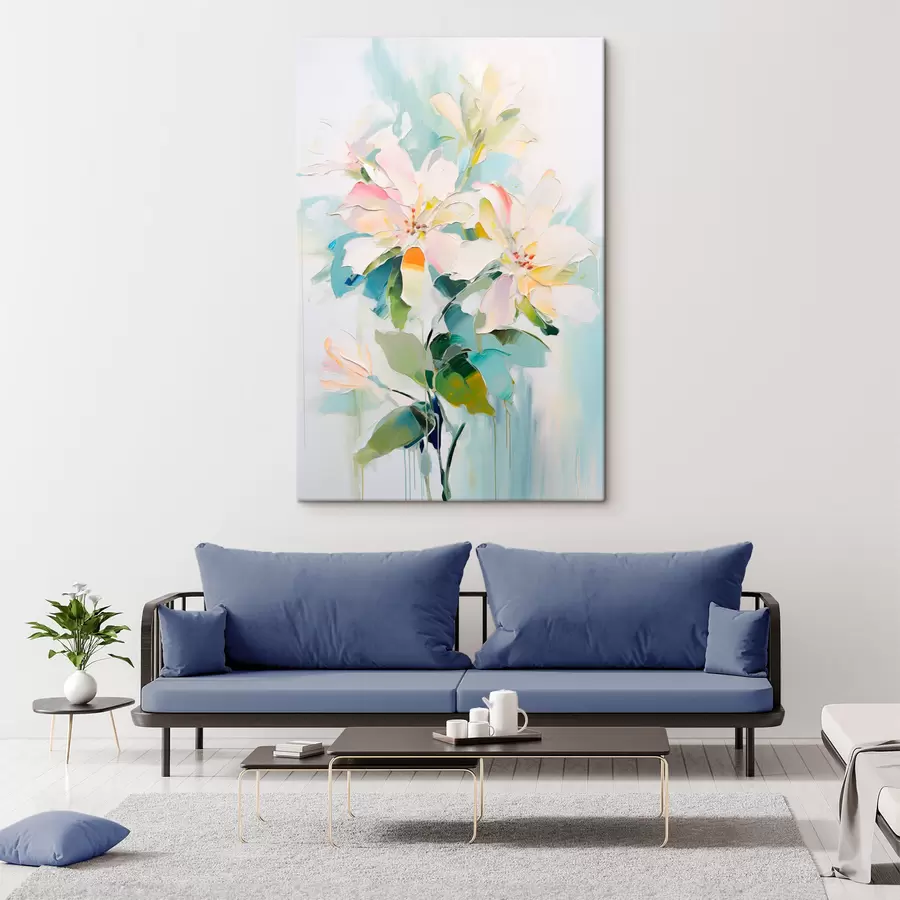 Obraz Květiny s barevnými akcenty, zelené listy, měkké tahy štětcem imitace olejomalby, světle modré pozadí Č. s45549