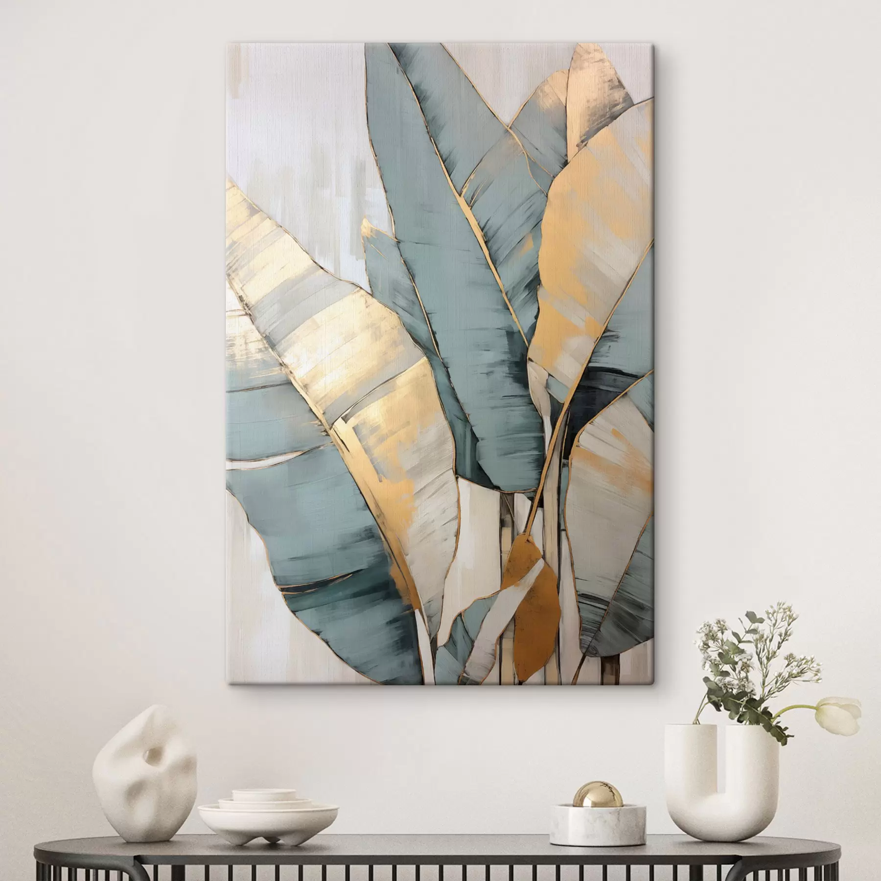 Obraz Tlumené modré, šedé a žluté banánové listy s viditelnými tahy štětce na bílém abstraktním pozadí Č. s45552