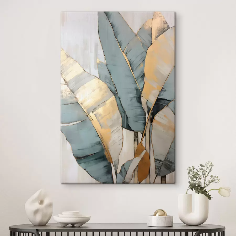 Obraz Tlumené modré, šedé a žluté banánové listy s viditelnými tahy štětce na bílém abstraktním pozadí Č. s45552