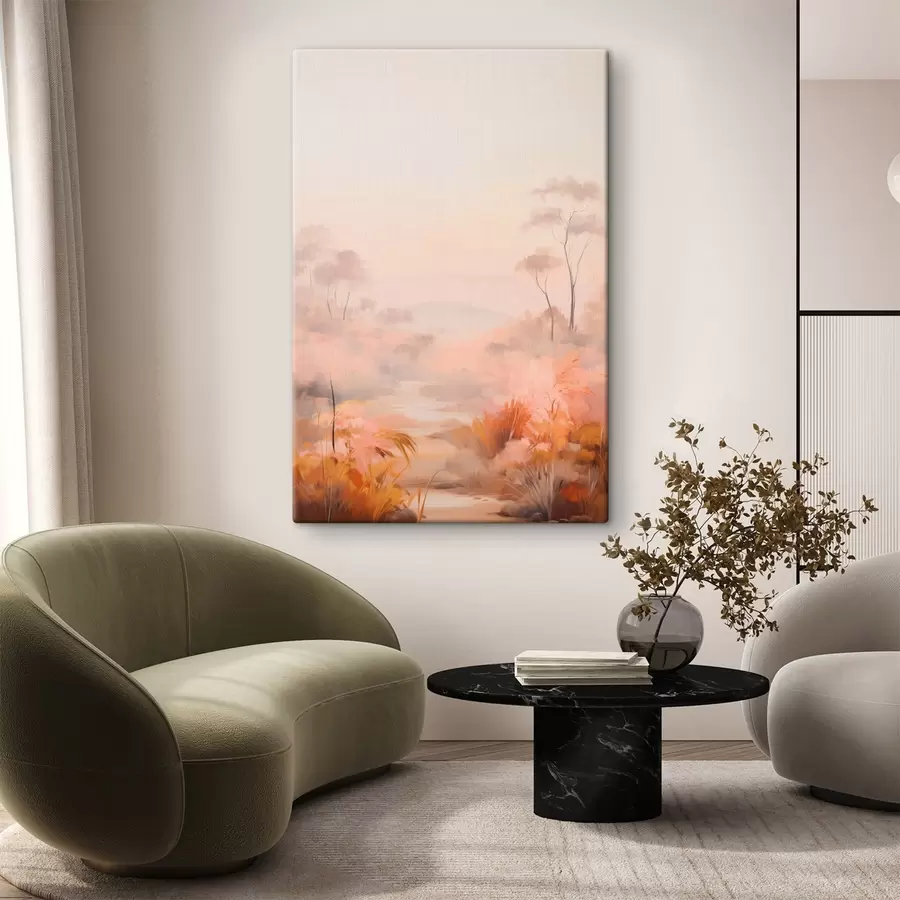 Obraz Krajina s keři a stromy v odstínech růžové, oranžové a hnědé barvy s horami v pozadí Č. s45553