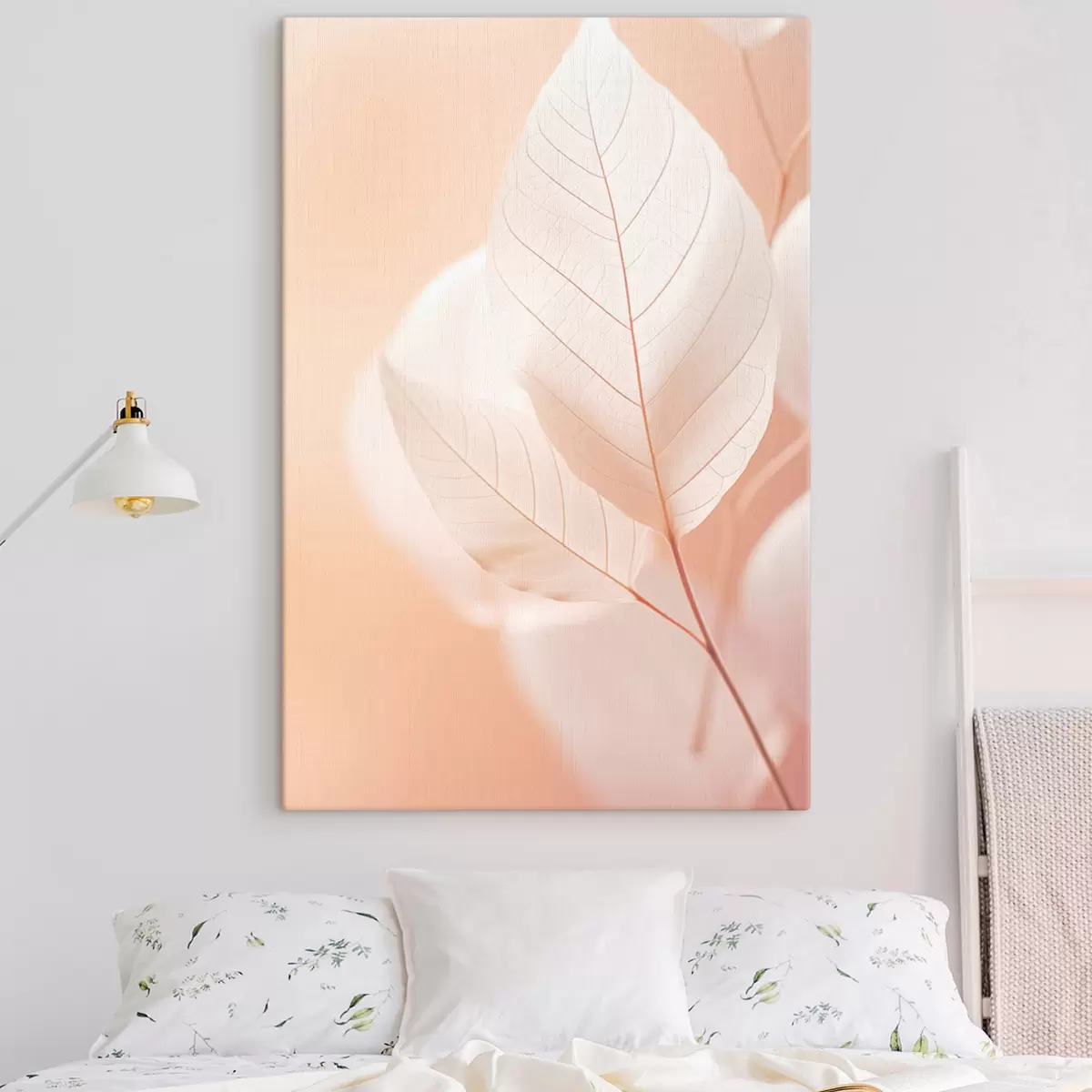 Obraz Jemné, průsvitné listy se složitými žilkami, jemné broskvové pozadí, minimalistická botanická kompozice Č. s45555