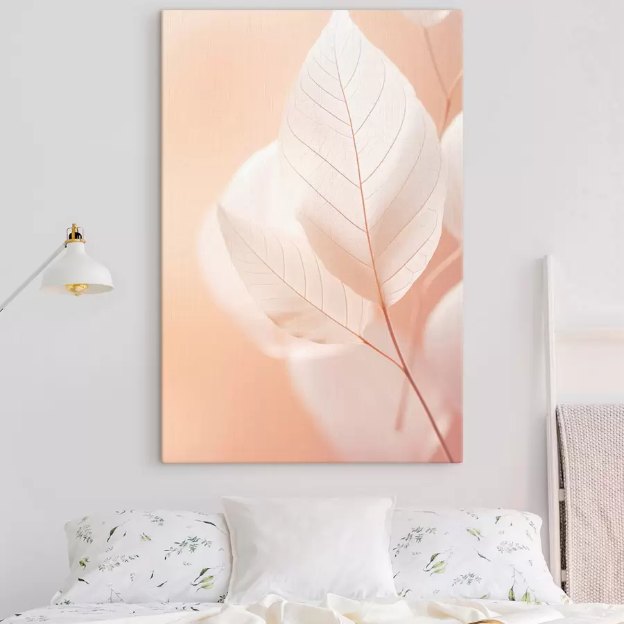 Obraz Jemné, průsvitné listy se složitými žilkami, jemné broskvové pozadí, minimalistická botanická kompozice Č. s45555