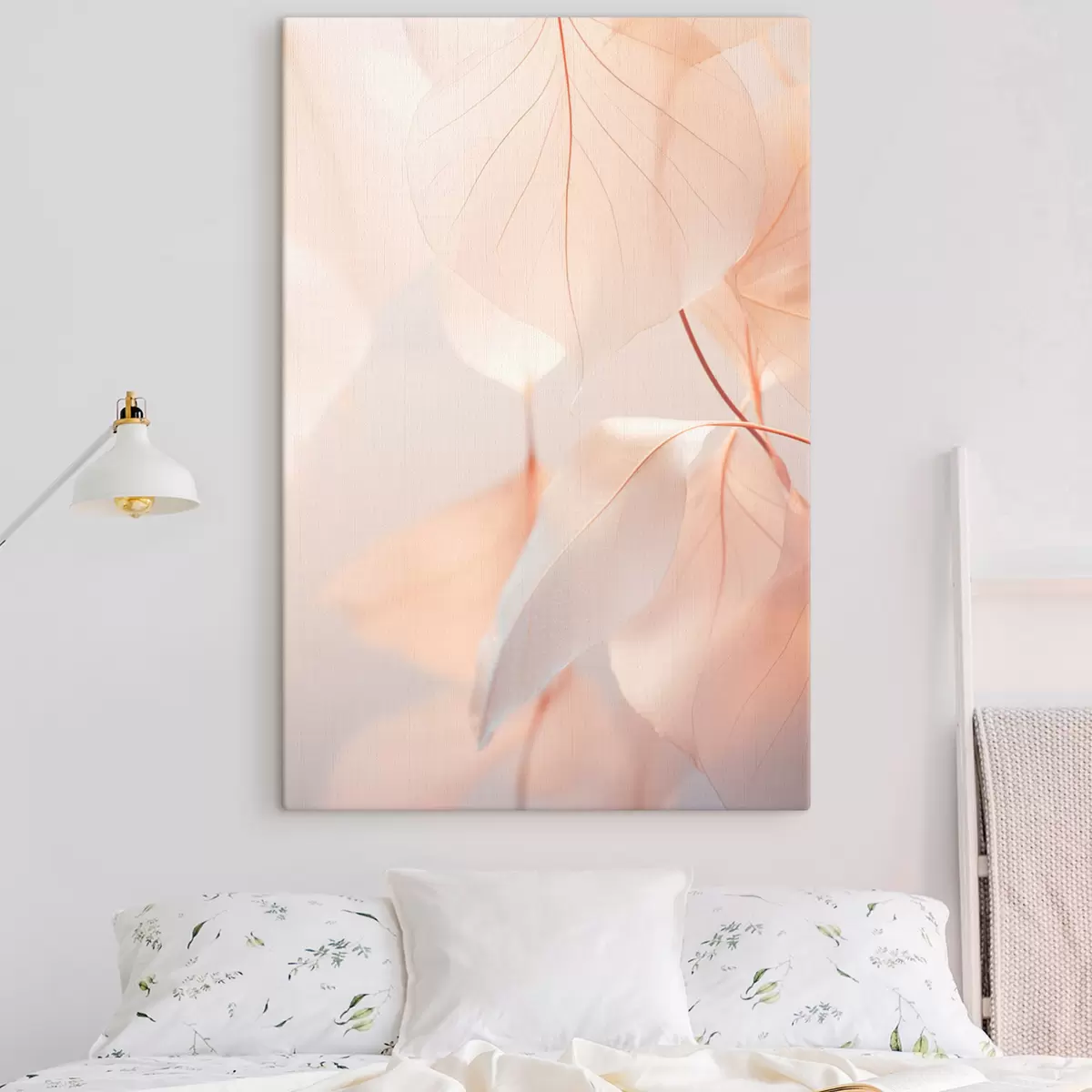 Obraz Detailní záběr průsvitných listů s jemnými žilkami, jemná broskvová a bílá paleta barev, rozmazané pozadí Č. s45556