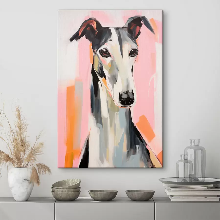 Obraz Chrt na pozadí růžových, oranžových a bílých tahů štětcem Č. s45566