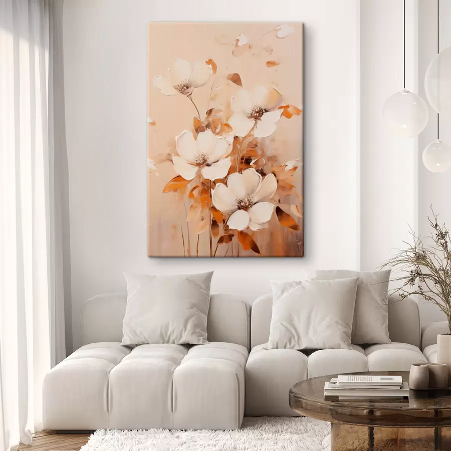 Obraz Bílé květy s oranžovými listy, jemné tahy štětcem, teplá paleta barev, elegantní kompozice Č. s45573