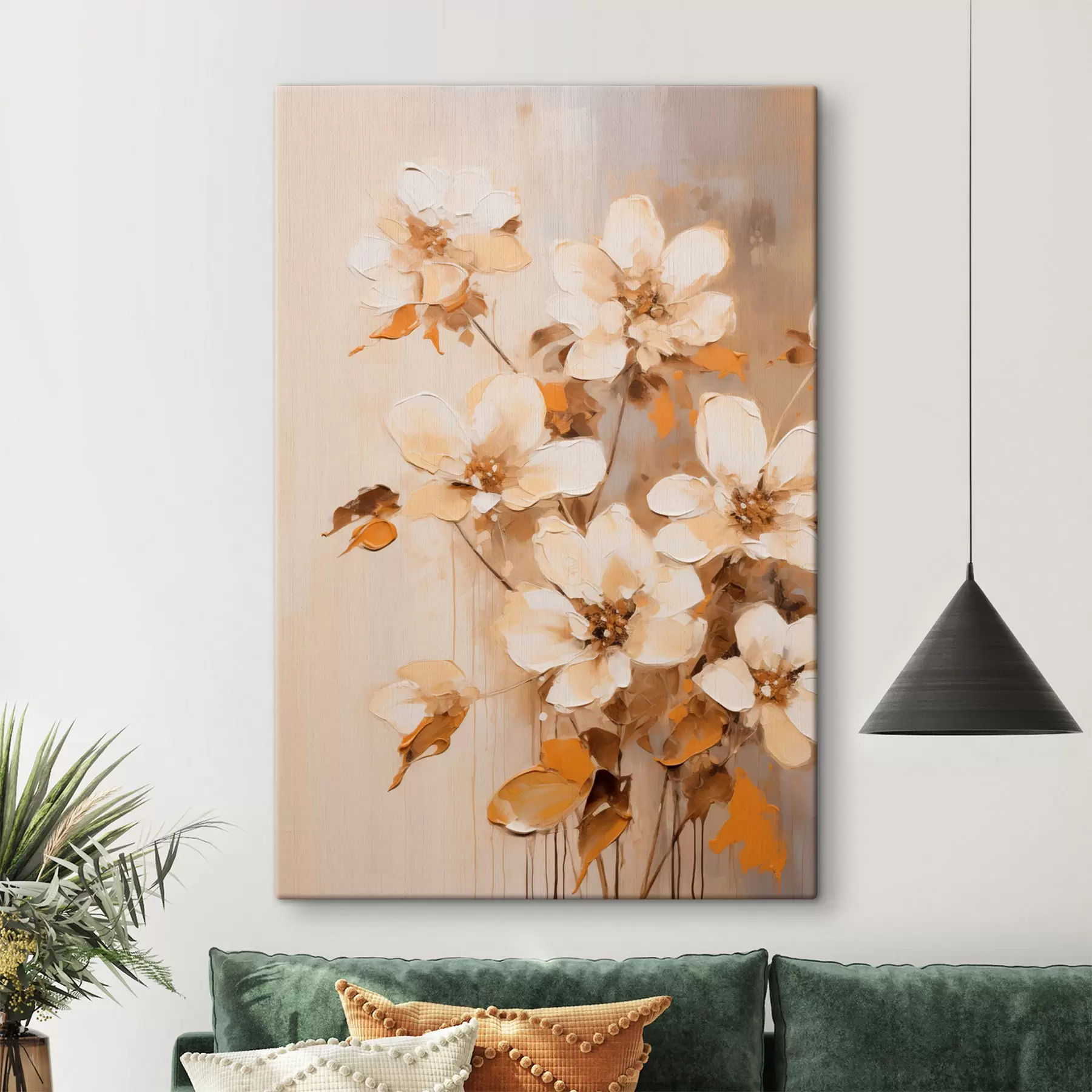 Obraz Bílé květy s oranžovými listy, jemné tahy štětcem, květinové aranžmá, botanické umění  Č. s45574