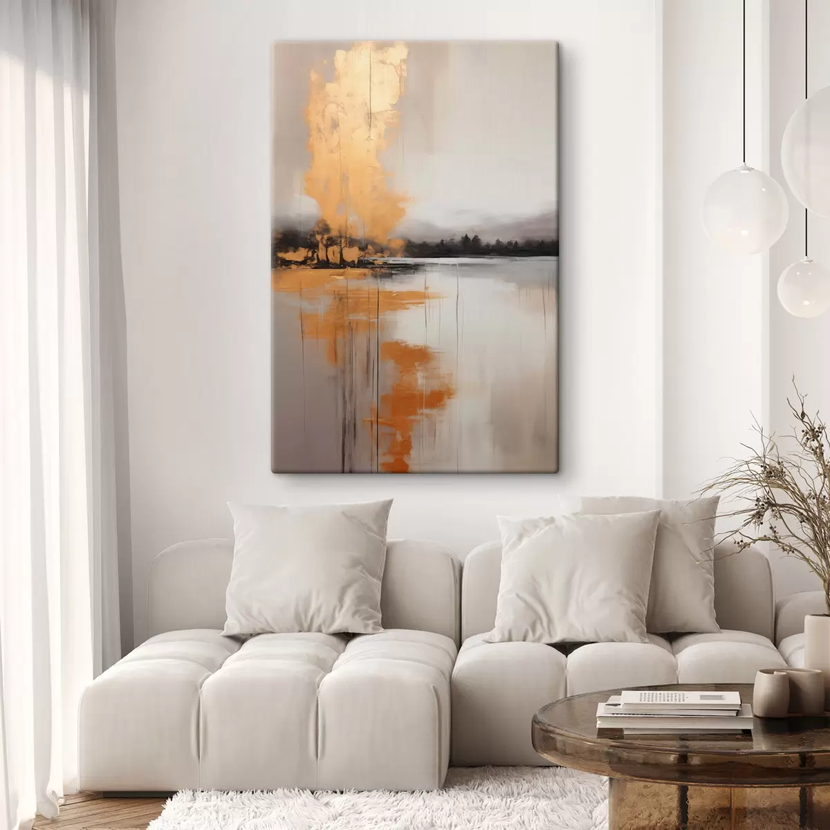 Obraz Abstraktní krajina s jezerem, stromem a žlutou mlhou , ve které se odráží voda a zatažená obloha Č. s45575