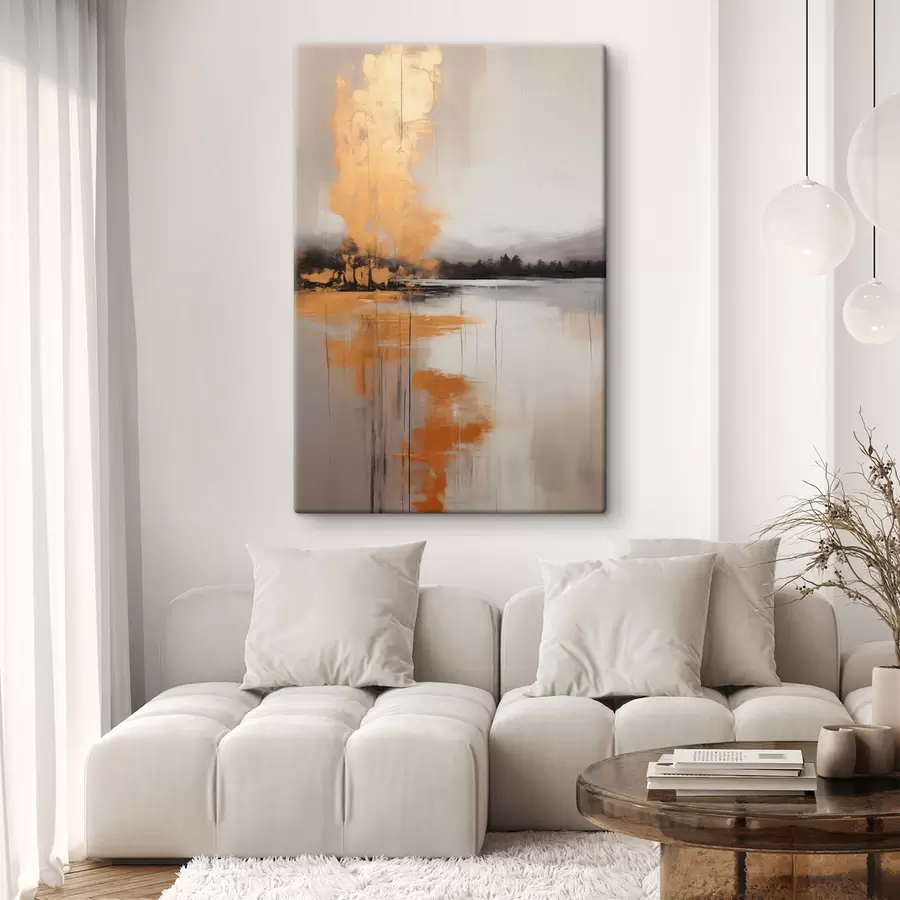 Obraz Abstraktní krajina s jezerem, stromem a žlutou mlhou , ve které se odráží voda a zatažená obloha Č. s45575