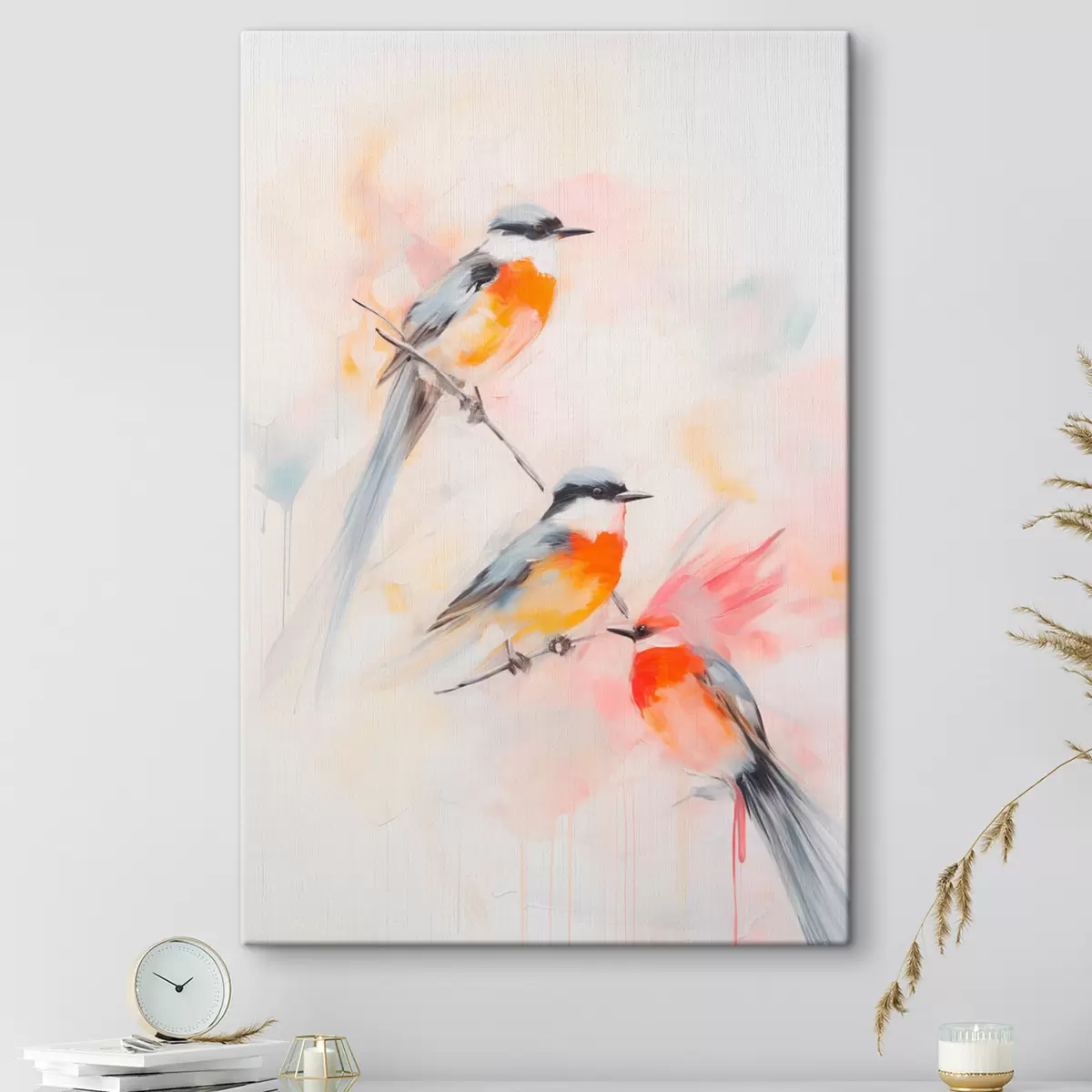 Obraz Ptáci sedící na větvích , jemné pastelové barvy, světlé pozadí s růžovými a bílými odstíny Č. s45577