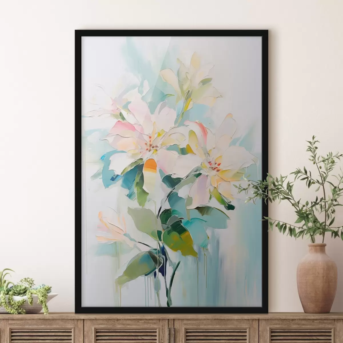 Poster Květiny s barevnými akcenty, zelené listy, měkké tahy štětcem imitace olejomalby, světle modré pozadí f45549