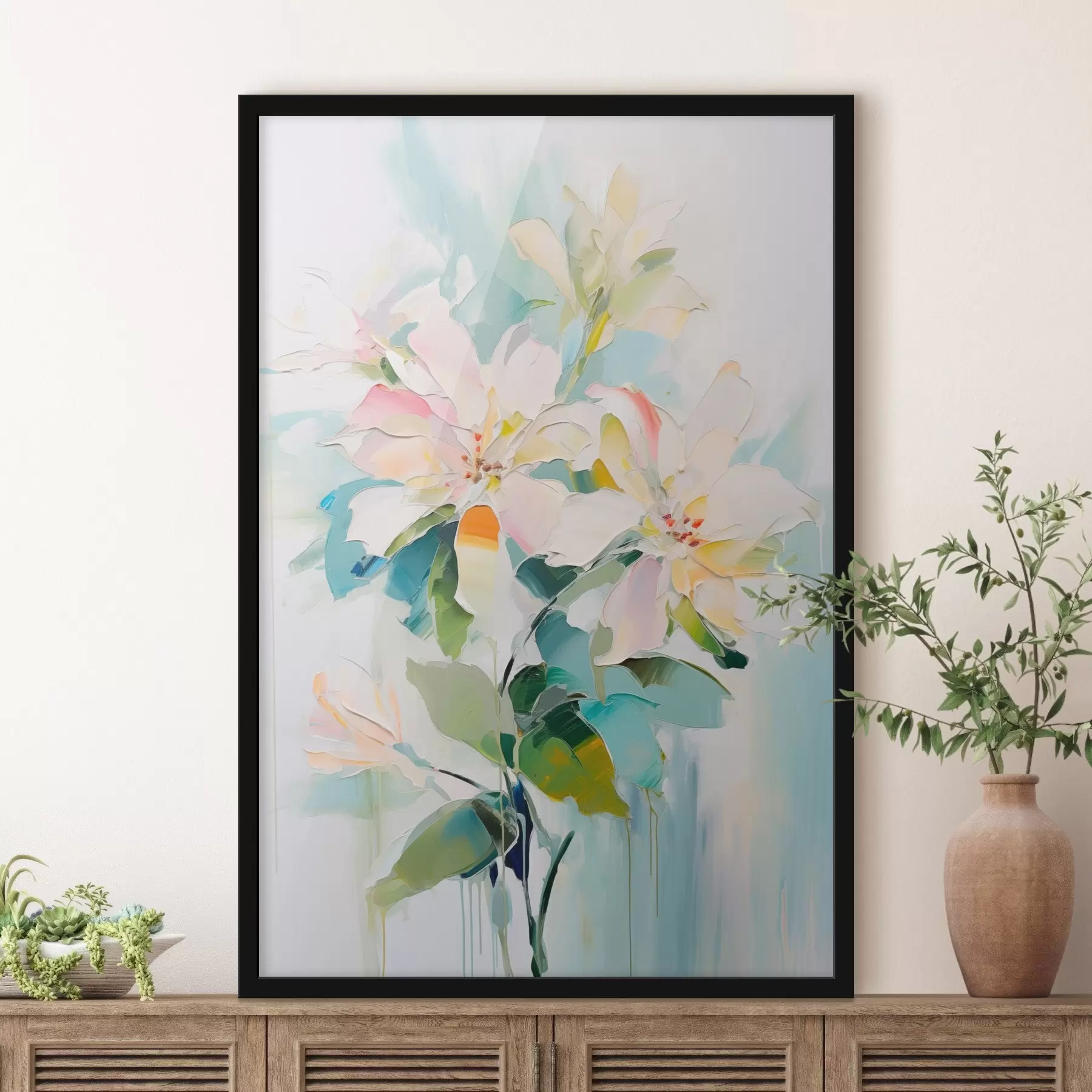 Fototapet Květiny s barevnými akcenty, zelené listy, měkké tahy štětcem imitace olejomalby, světle modré pozadí f45549