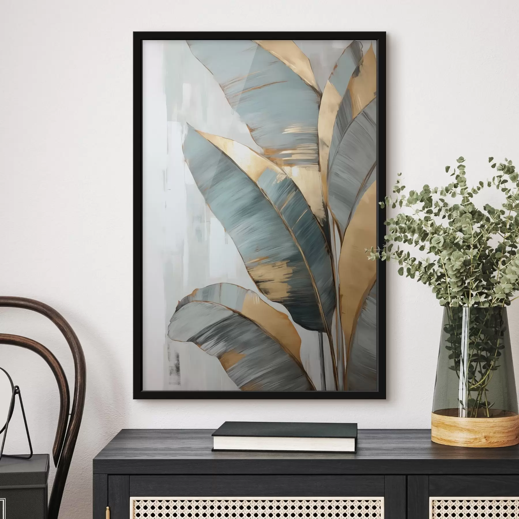 Fototapet Sada tlumených modrých, šedých a žlutých banánových listů s viditelnými tahy štětce na bílém abstraktním pozadí f45551