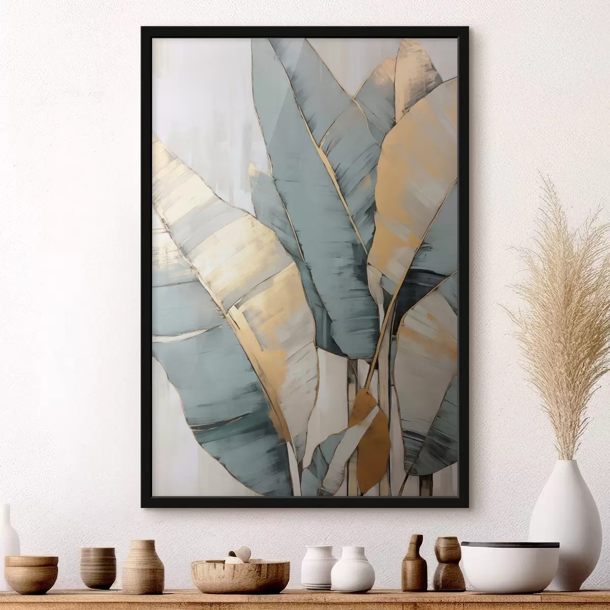 Poster Tlumené modré, šedé a žluté banánové listy s viditelnými tahy štětce na bílém abstraktním pozadí f45552