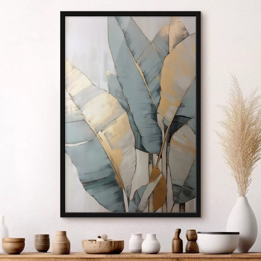 Fototapet Tlumené modré, šedé a žluté banánové listy s viditelnými tahy štětce na bílém abstraktním pozadí f45552