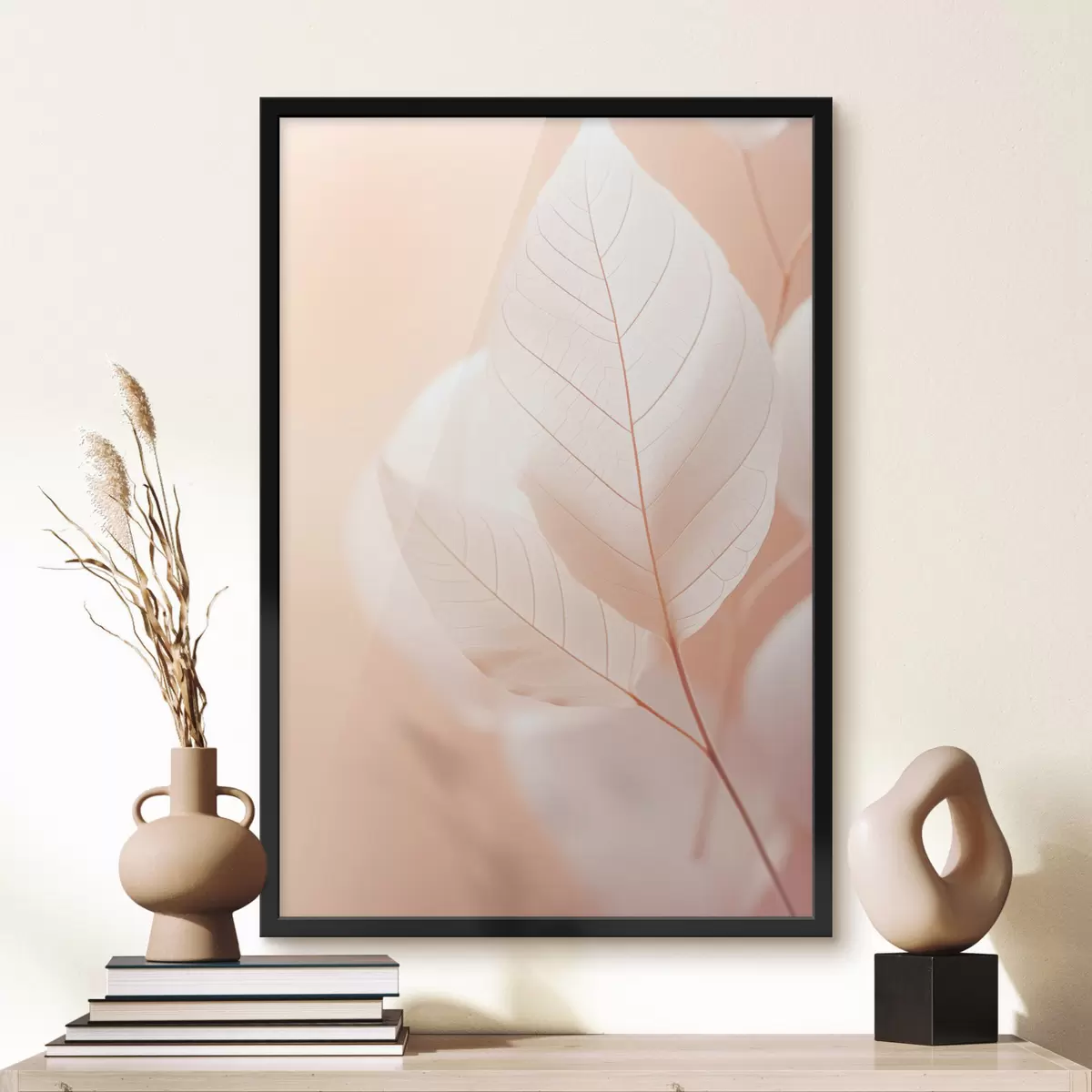 Poster Jemné, průsvitné listy se složitými žilkami, jemné broskvové pozadí, minimalistická botanická kompozice f45555
