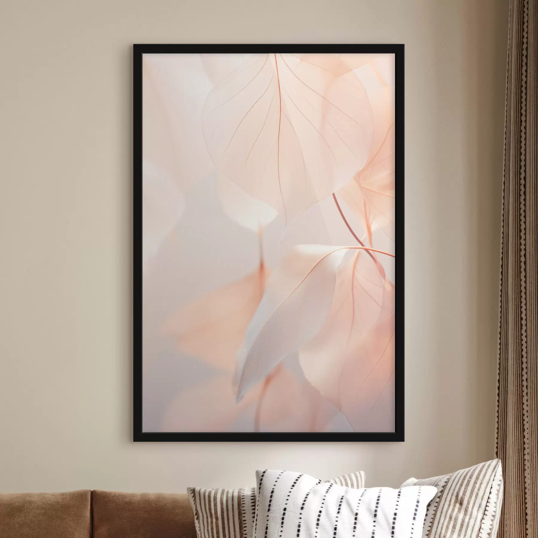 Fototapet Detailní záběr průsvitných listů s jemnými žilkami, jemná broskvová a bílá paleta barev, rozmazané pozadí f45556