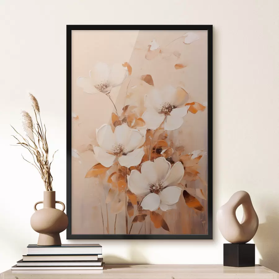 Fototapet Bílé květy s oranžovými listy, jemné tahy štětcem, teplá paleta barev, elegantní kompozice f45573